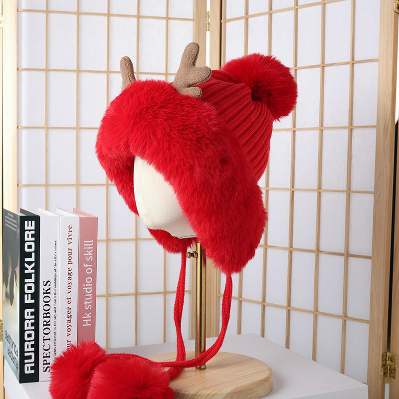 Winter Cute Funny Plush Knitted Red Christmas Reindeer Antlers Hat with POM POM