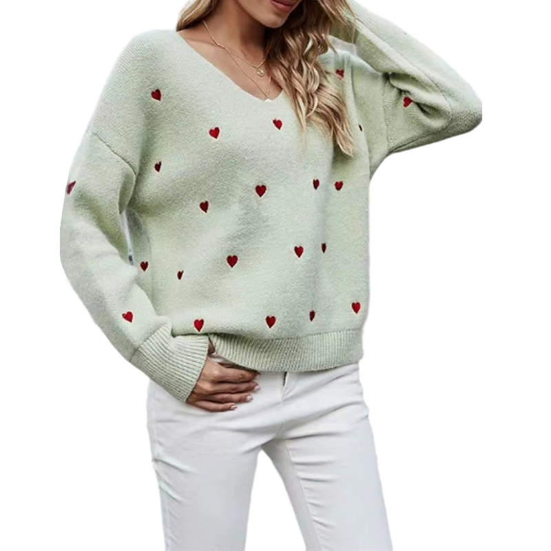 Spring Valentine&prime;s Day Pullover Long Sleeved Love Heart V-Neck Jacquard Knitted Sweater