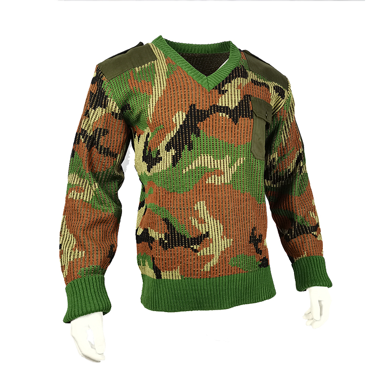 Men&prime;s Sweaters Anti-Shrink Tactical Style Woodland Camo Long Sleeve Wool Acrylic Soft Thermal Knitted Sweater V-Neck Commando Sweater
