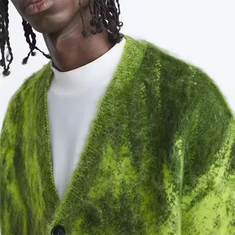 Custom Logo OEM ODM Cardigan Mohair Jacquard Knitted Men&prime;s Sweater Custom Knitted Fashionable Sweater for Men