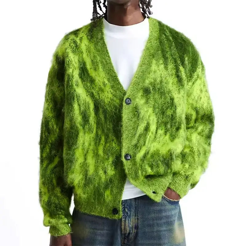 Custom Logo OEM ODM Cardigan Mohair Jacquard Knitted Men′s Sweater Custom Knitted Fashionable Sweater for Men