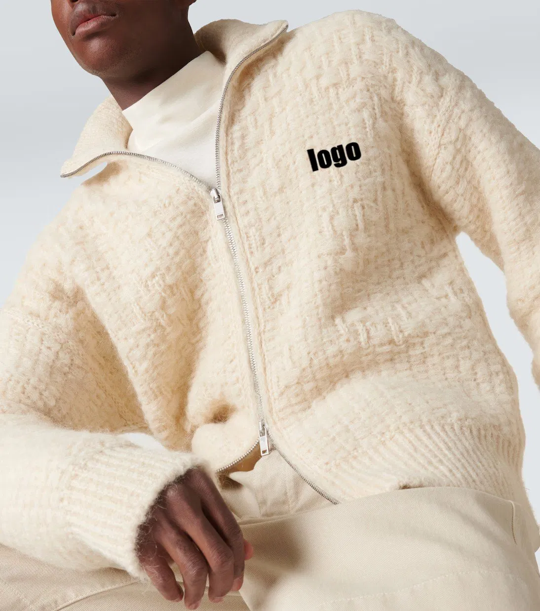 Custom Embroidered Logo Sweater Winter Zip up Merino Wool Sweater High Quality High Neck Streetwear Oversized Sweater for Men