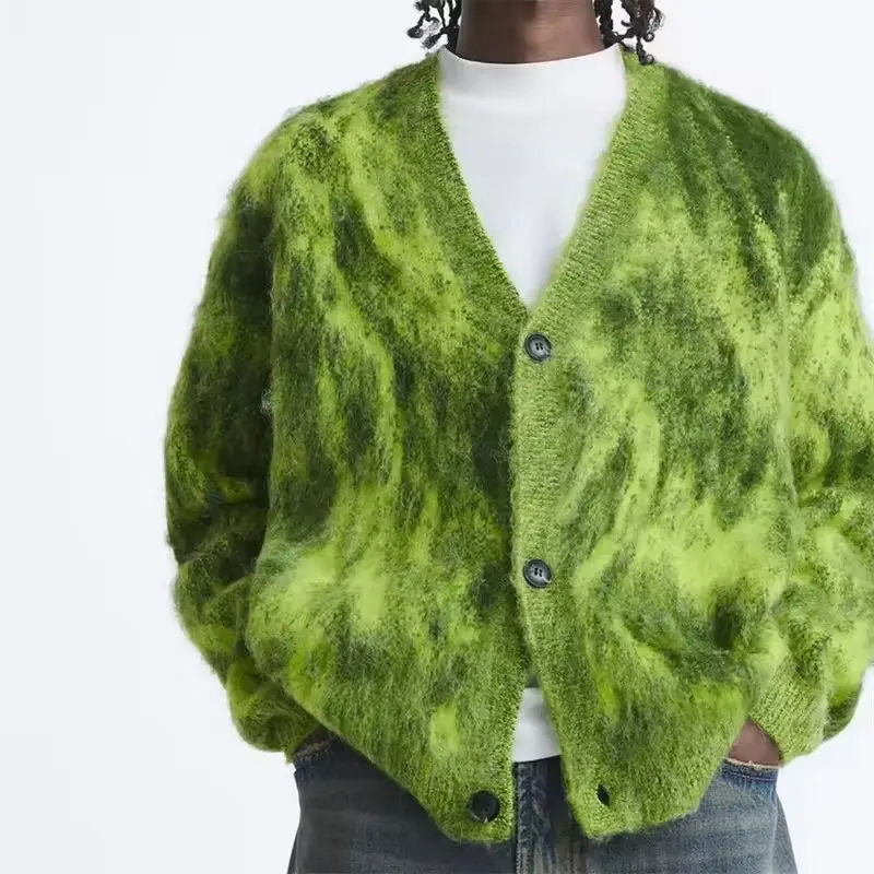 Custom Logo OEM ODM Cardigan Mohair Jacquard Knitted Men&prime;s Sweater Custom Knitted Fashionable Sweater for Men
