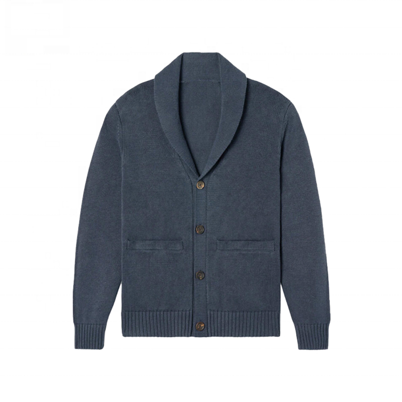 OEM Custom Design Logo Ribbed Pockets Cashmere Jacket Men Linen Blend Cardigan Black Button up Sweater for Men