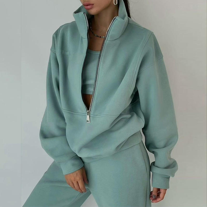 Women′s Autumn and Winter Clothing Polyester Two-Piece Set Zipper Sweater Fleece Sports Pants Casual Set Custom Logo