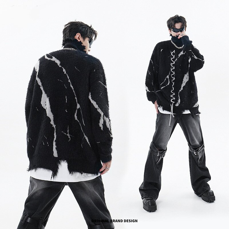 New Dark Contrasting Distressed Design with Jacquard Drawstring High Neck Sweater