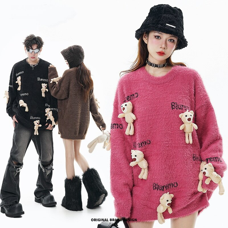 New Fun Cartoon Little Bear Doll Knit Letter Jacquard Round Neck Loose Sweater