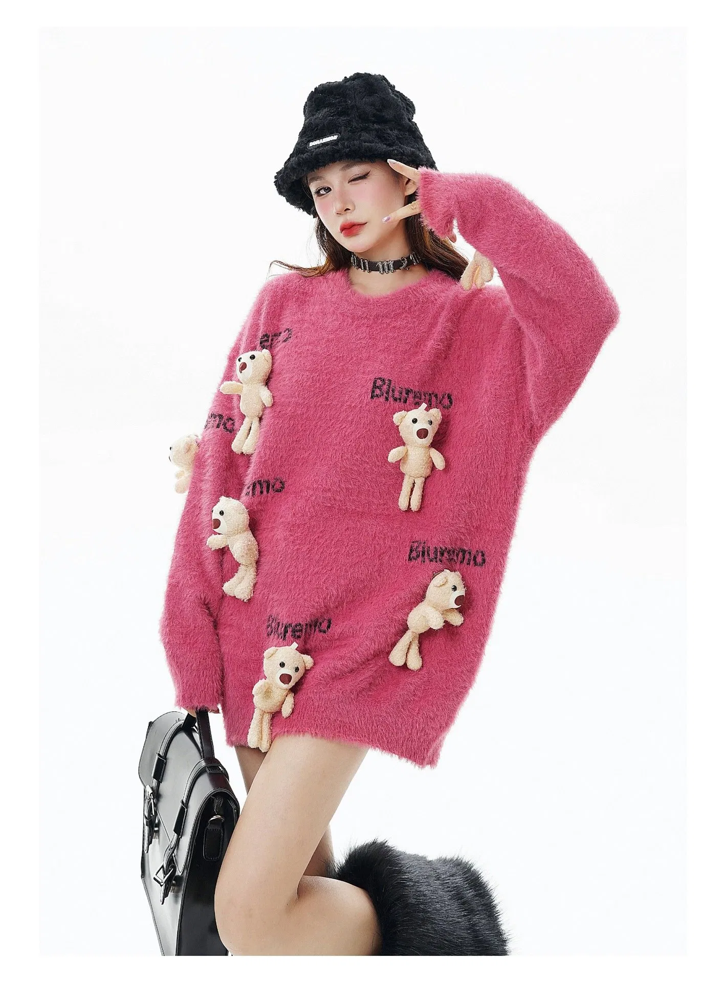 New Fun Cartoon Little Bear Doll Knit Letter Jacquard Round Neck Loose Sweater