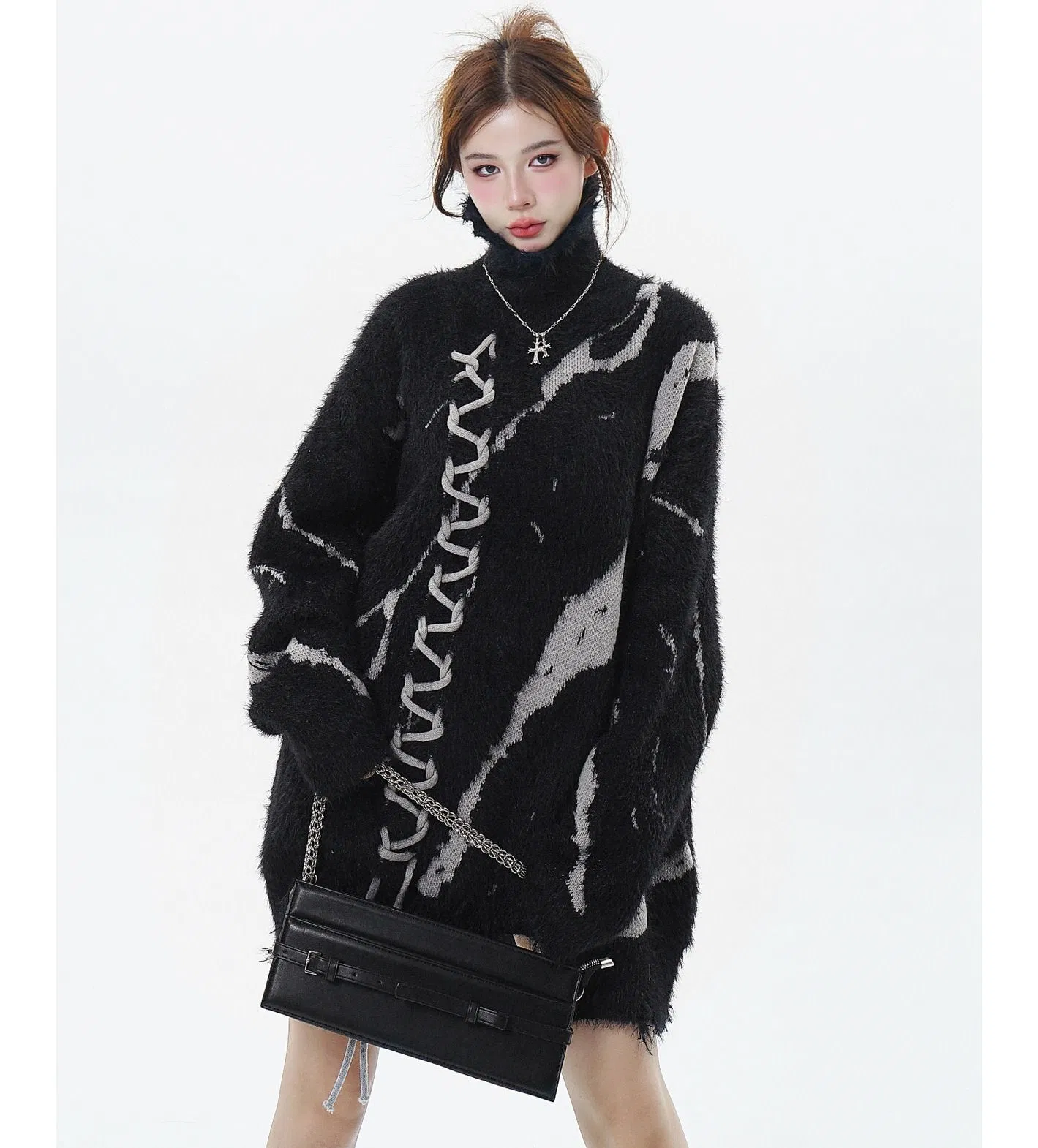New Dark Contrasting Distressed Design with Jacquard Drawstring High Neck Sweater