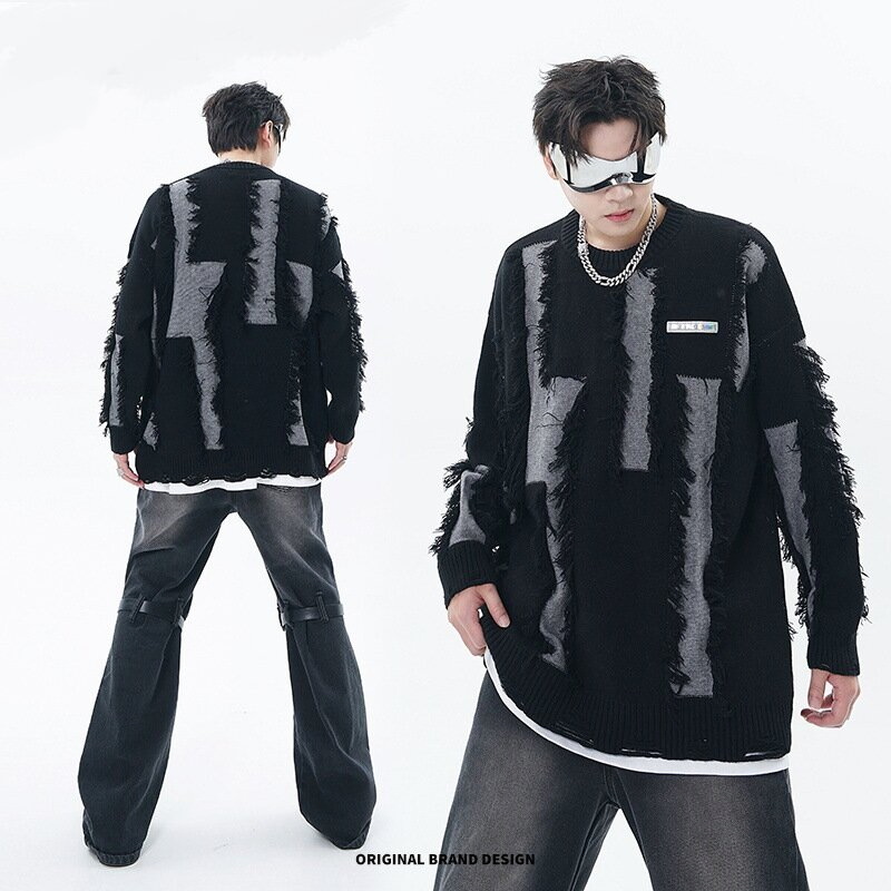 New Product Distressed Tassel Small Label Loose Mouth Trendy Contrasting Color Design Knitted Sweater