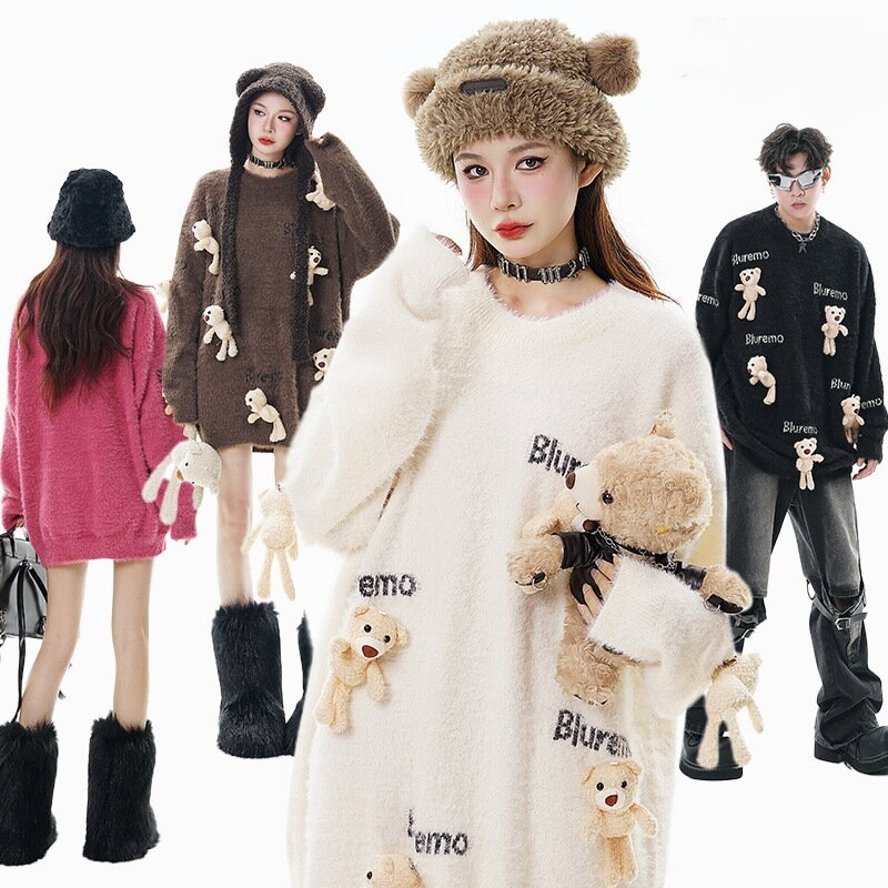 New Fun Cartoon Little Bear Doll Knit Letter Jacquard Round Neck Loose Sweater