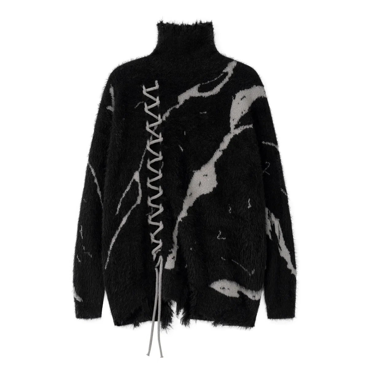 New Dark Contrasting Distressed Design with Jacquard Drawstring High Neck Sweater