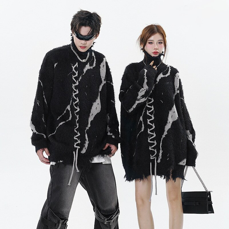 New Dark Contrasting Distressed Design with Jacquard Drawstring High Neck Sweater