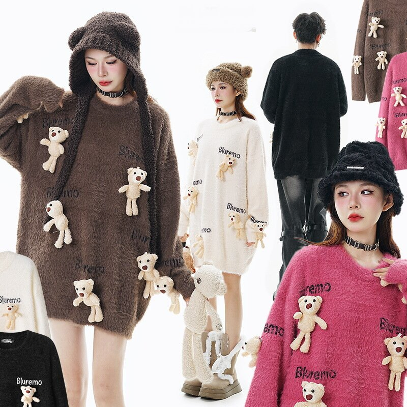 New Fun Cartoon Little Bear Doll Knit Letter Jacquard Round Neck Loose Sweater