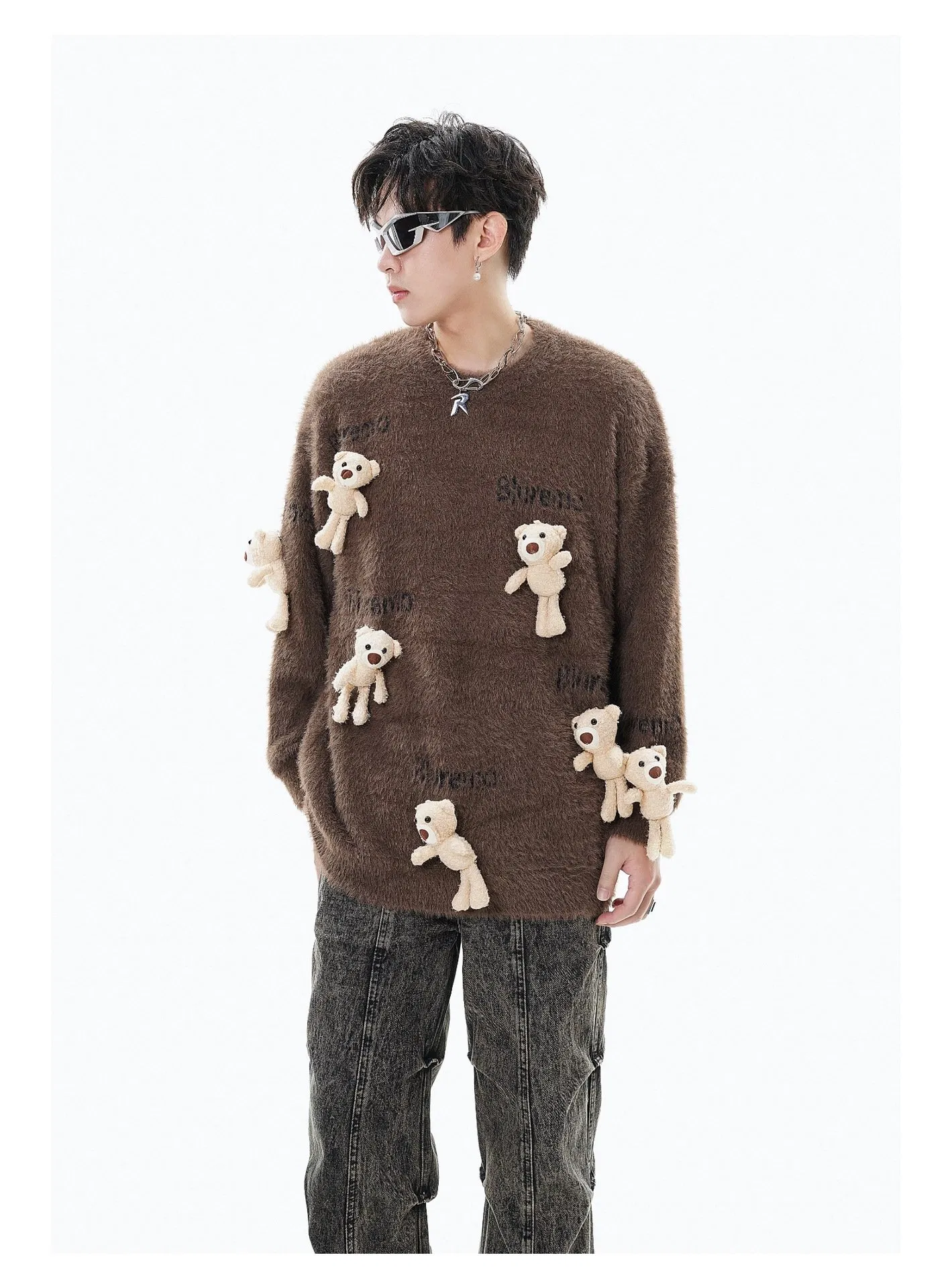 New Fun Cartoon Little Bear Doll Knit Letter Jacquard Round Neck Loose Sweater