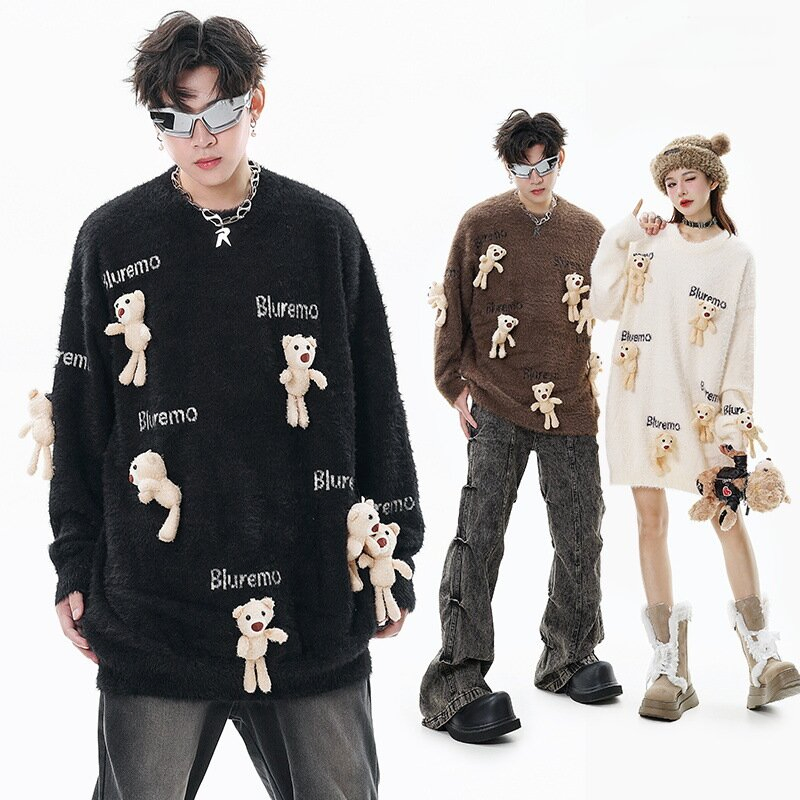 New Fun Cartoon Little Bear Doll Knit Letter Jacquard Round Neck Loose Sweater