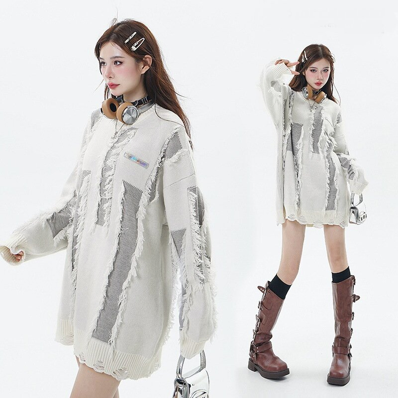 New Product Distressed Tassel Small Label Loose Mouth Trendy Contrasting Color Design Knitted Sweater