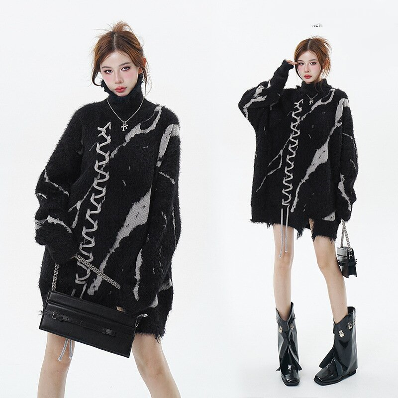 New Dark Contrasting Distressed Design with Jacquard Drawstring High Neck Sweater