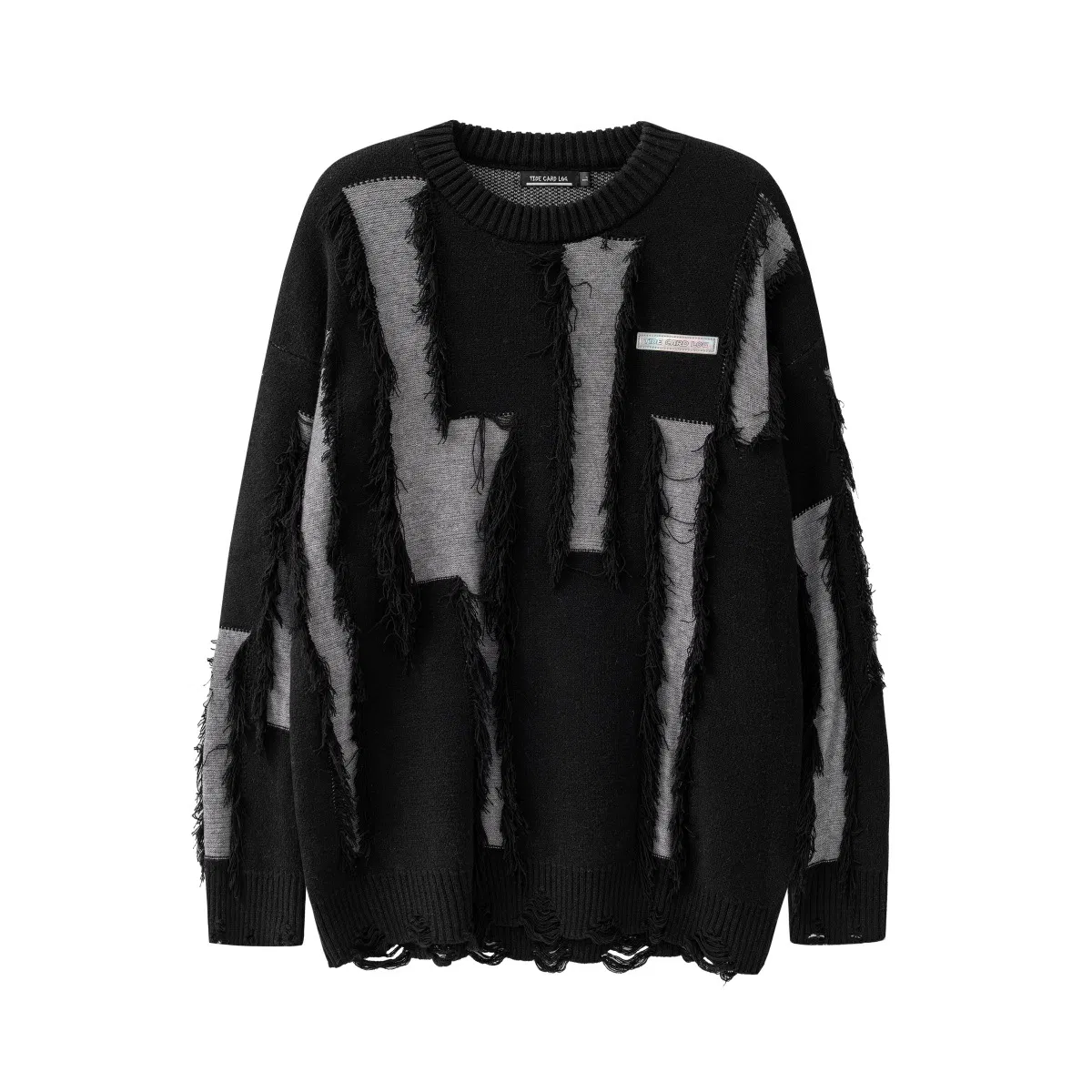New Product Distressed Tassel Small Label Loose Mouth Trendy Contrasting Color Design Knitted Sweater
