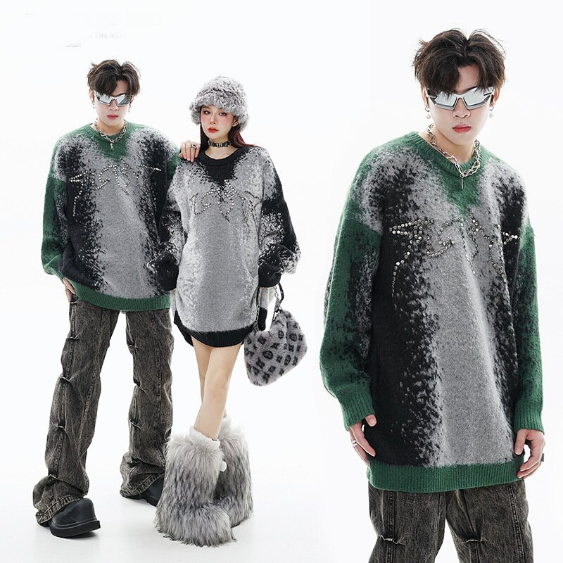 New Fashion Gradient Jacquard Metal Bead Contrast Sweater Round Neck Pullover Knit