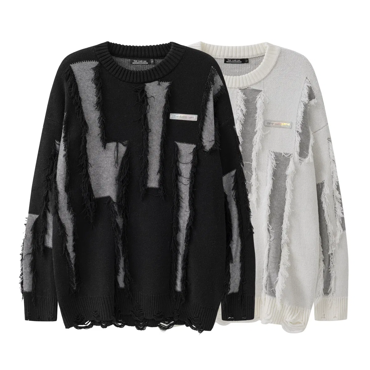 New Product Distressed Tassel Small Label Loose Mouth Trendy Contrasting Color Design Knitted Sweater