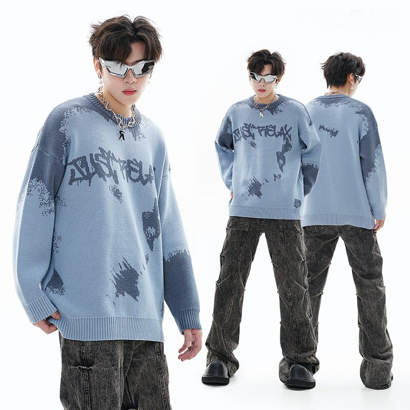 Retro Distressed Contrasting Core Yarn Round Neck Pullover Sweater T-Shirt