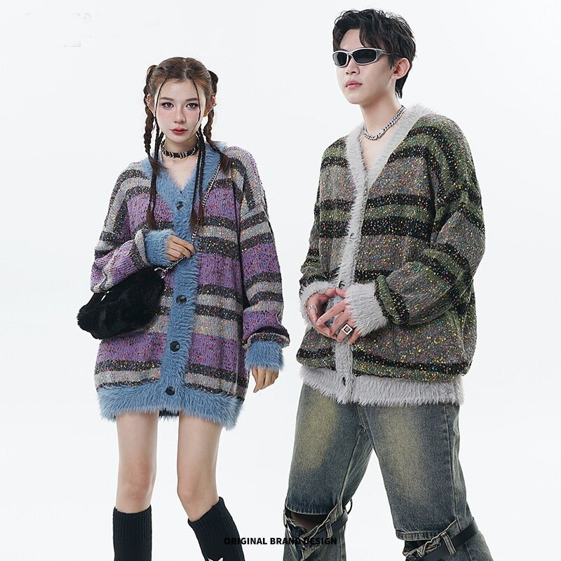 Creative V-Neck Knitted Sweater with Painted Spots and Contrasting Loose Cardigan Sweater