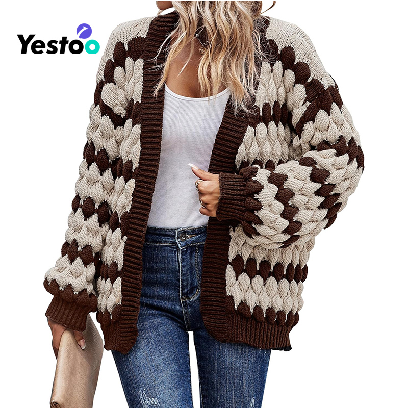 Fall Women′s Lantern Sleeve Cardigan Open Front Striped Knit