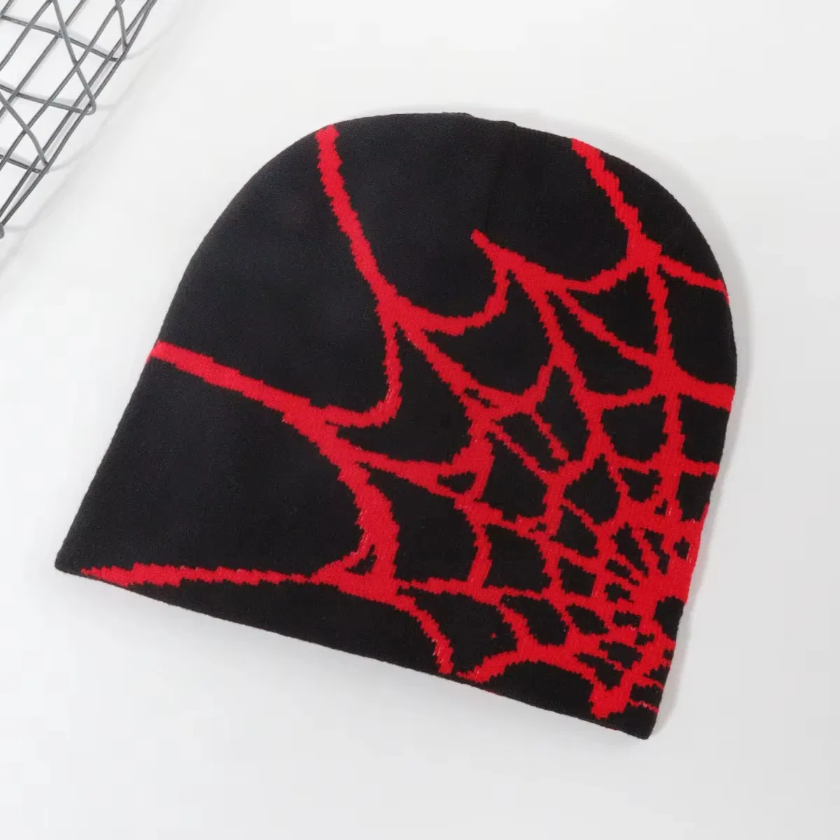 Acquard Spider Web Pattern Knit Skully Cap Beanie Hat for Men Women Knitting Hat Wholesale Customizable Logo Cold Hat