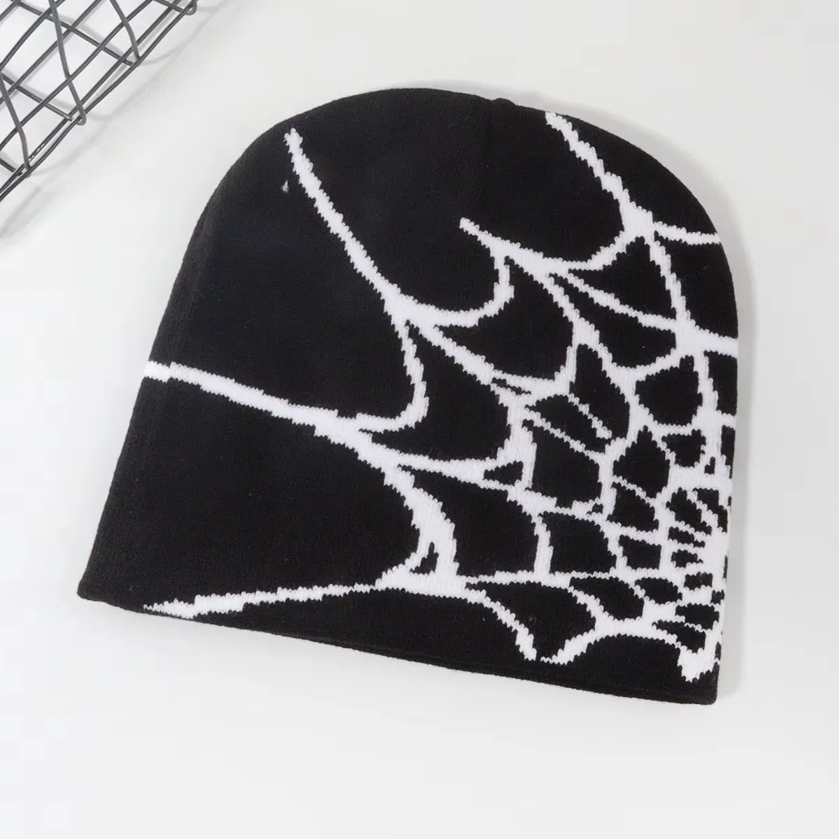 Acquard Spider Web Pattern Knit Skully Cap Beanie Hat for Men Women Knitting Hat Wholesale Customizable Logo Cold Hat