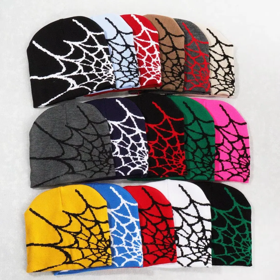 Acquard Spider Web Pattern Knit Skully Cap Beanie Hat for Men Women Knitting Hat Wholesale Customizable Logo Cold Hat