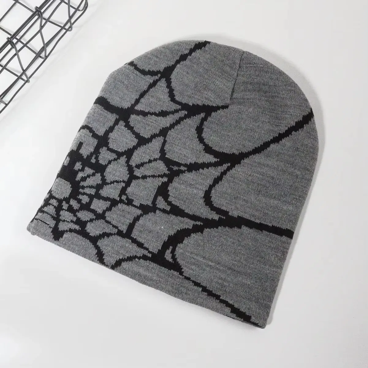 Acquard Spider Web Pattern Knit Skully Cap Beanie Hat for Men Women Knitting Hat Wholesale Customizable Logo Cold Hat