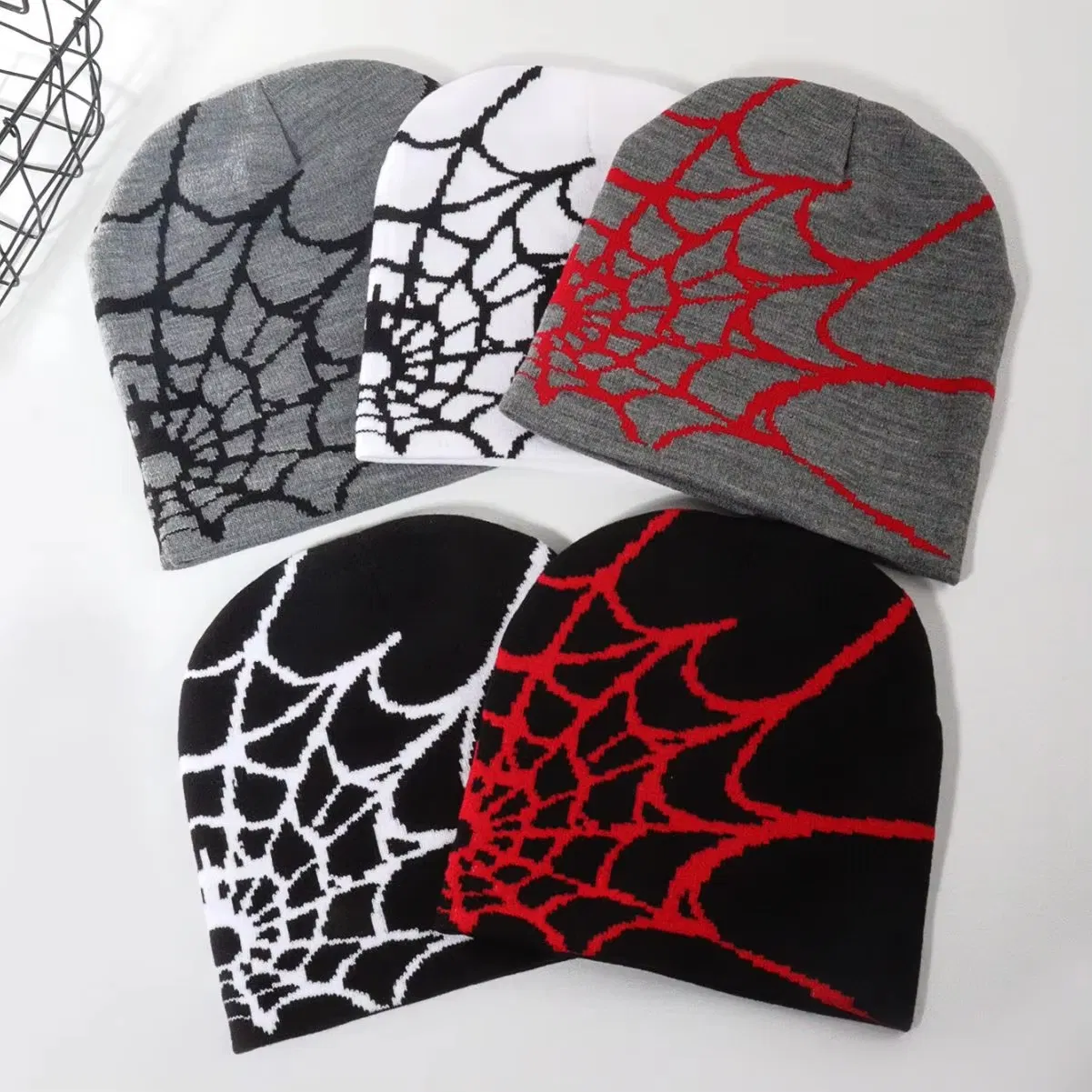 Acquard Spider Web Pattern Knit Skully Cap Beanie Hat for Men Women Knitting Hat Wholesale Customizable Logo Cold Hat
