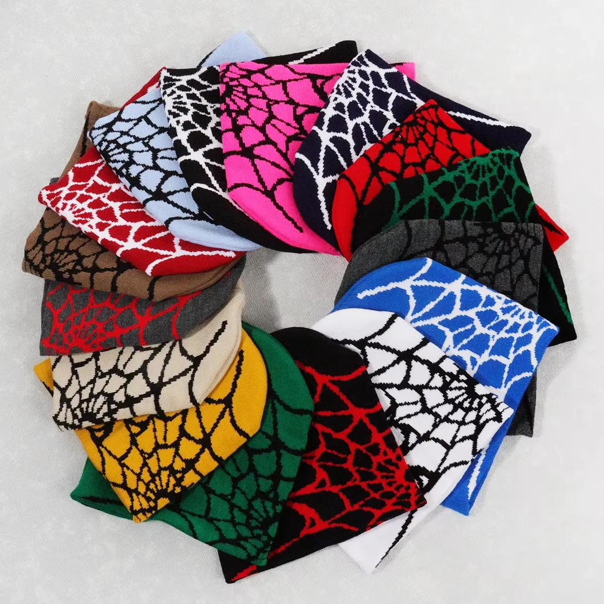 Acquard Spider Web Pattern Knit Skully Cap Beanie Hat for Men Women Knitting Hat Wholesale Customizable Logo Cold Hat