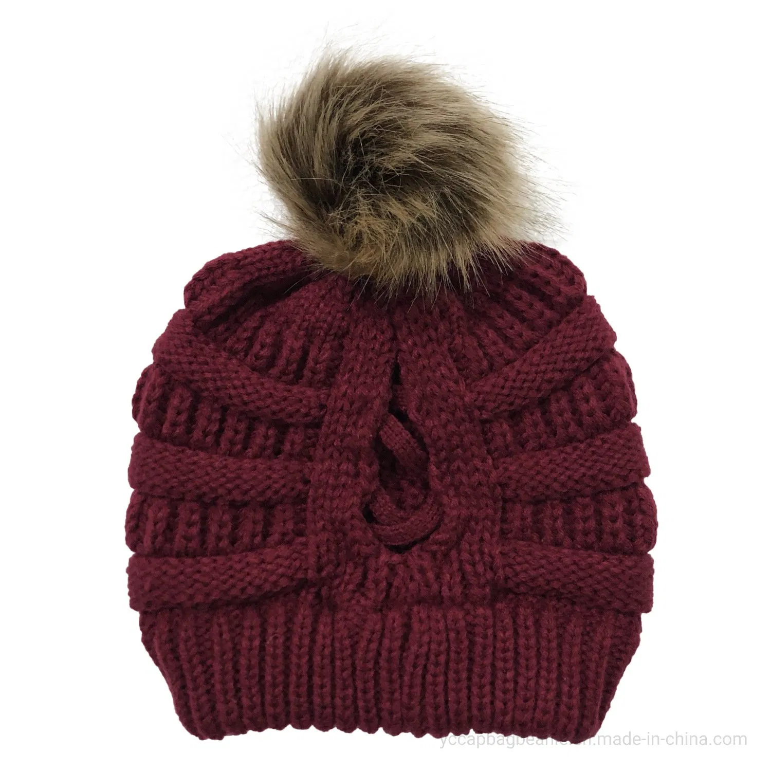fashion Racoon Fake Fur Pompom Knitted Hat