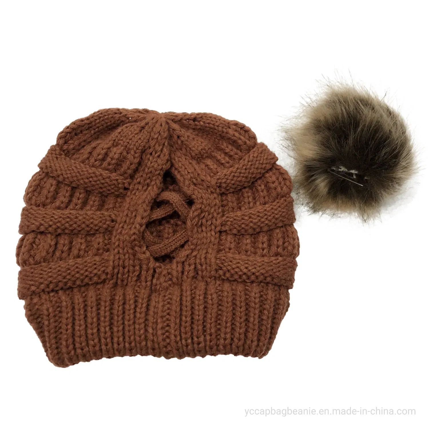 fashion Racoon Fake Fur Pompom Knitted Hat
