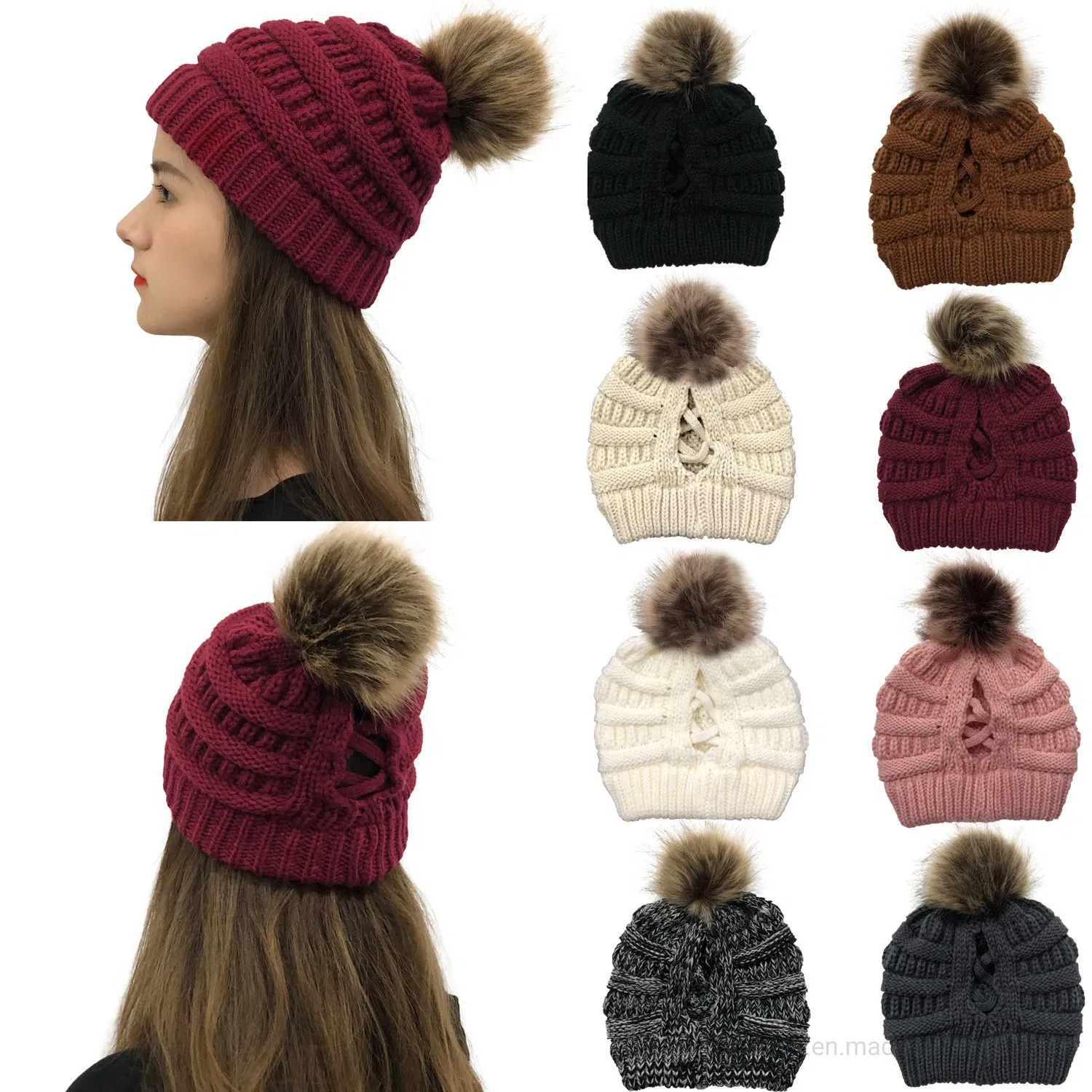fashion Racoon Fake Fur Pompom Knitted Hat