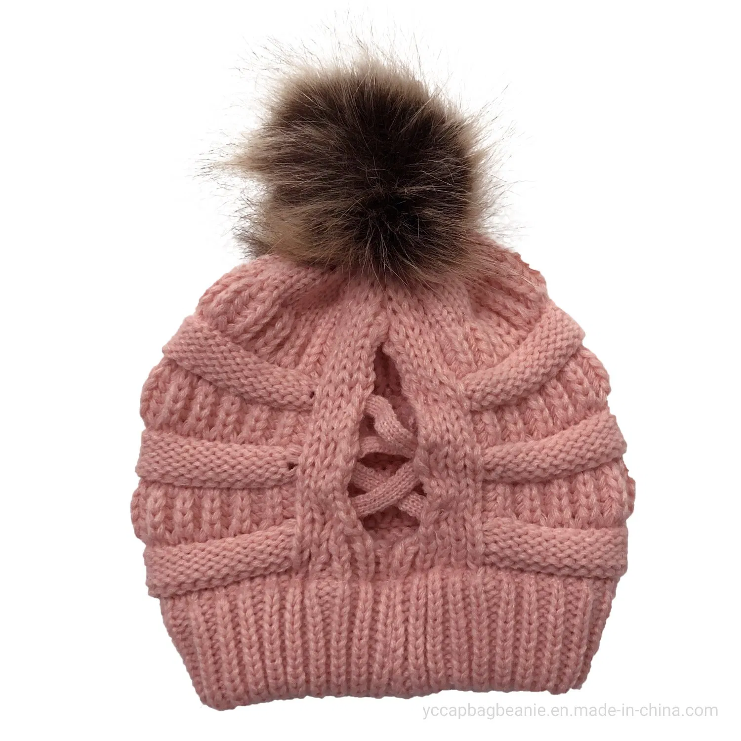 fashion Racoon Fake Fur Pompom Knitted Hat