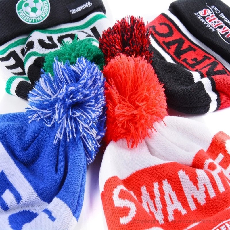 Custom Recycle Acrylic Bobble Sport Soccer Football Knit Pompom Jacquard Hat Beanie