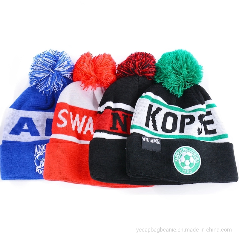 Custom Recycle Acrylic Bobble Sport Soccer Football Knit Pompom Jacquard Hat Beanie