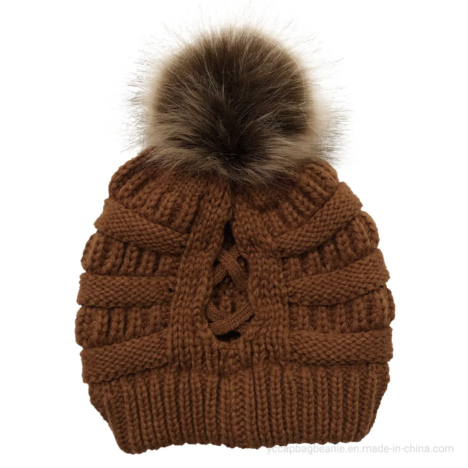 fashion Racoon Fake Fur Pompom Knitted Hat