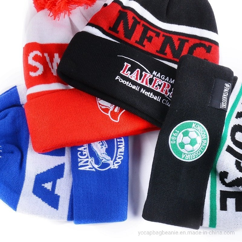 Custom Recycle Acrylic Bobble Sport Soccer Football Knit Pompom Jacquard Hat Beanie