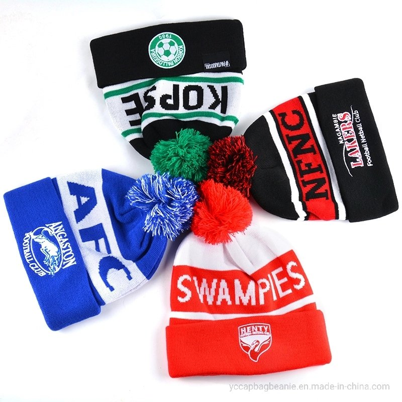 Custom Recycle Acrylic Bobble Sport Soccer Football Knit Pompom Jacquard Hat Beanie