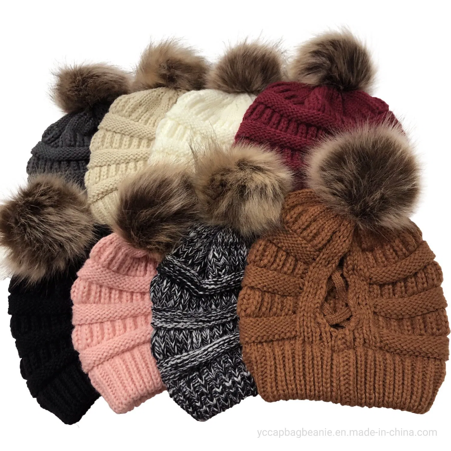 fashion Racoon Fake Fur Pompom Knitted Hat