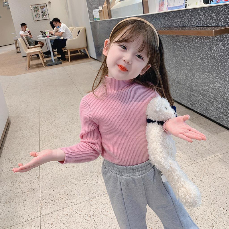 Good Quality Latest Designs Winter Fall Plain Stand Collar Cotton Toddler Baby Kids Girl Knitted Pullover Sweater