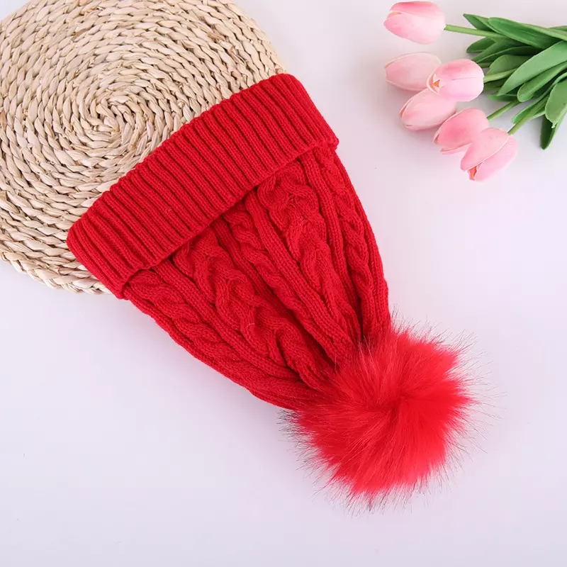 Thick Blank Chunky Knit Hats Beanie Faux Fur Pompoms Winter Caps