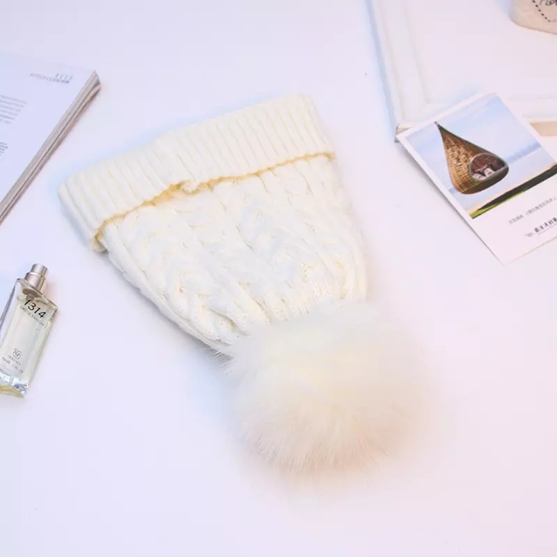 Thick Blank Chunky Knit Hats Beanie Faux Fur Pompoms Winter Caps