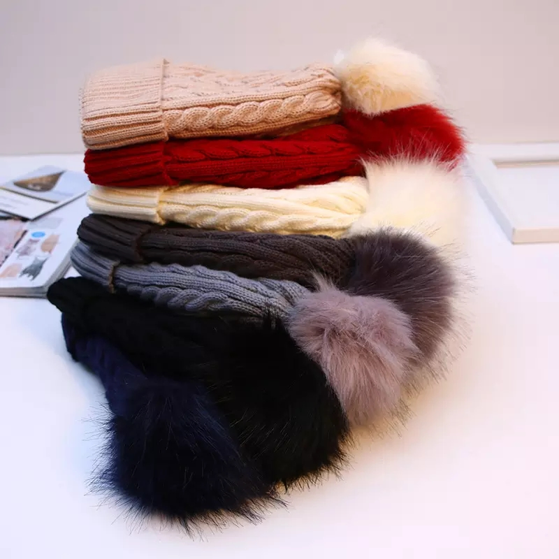 Thick Blank Chunky Knit Hats Beanie Faux Fur Pompoms Winter Caps