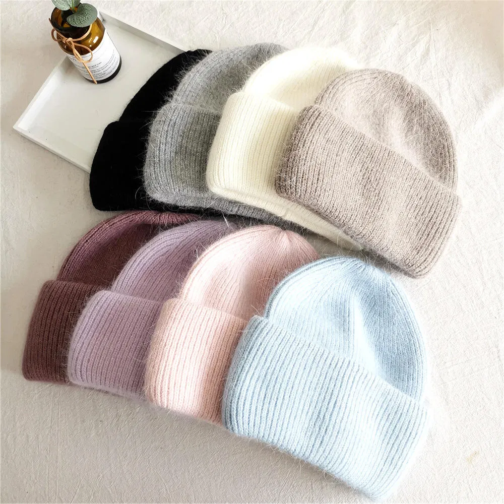 Autumn Winter Warm Knitted Pullover Hat Lady Women Candy Color Blank Thick Fluffy Angora Rabbit Fur Beanie Hat