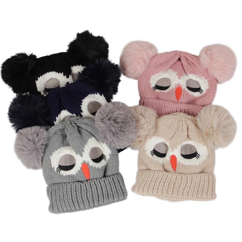 Cartoon Owl Knitted Warm Hat New Style Kids Double Ball Beanie